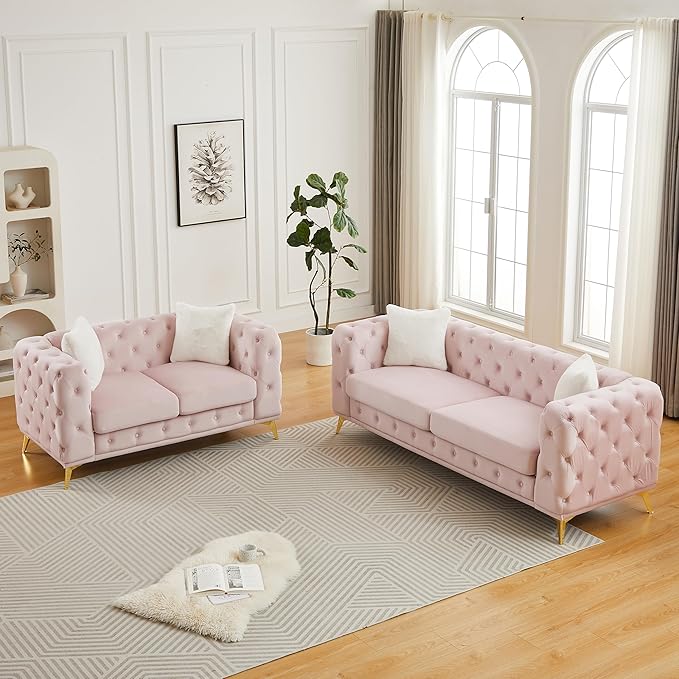 KEIKI 2-Piece Luxury Chesterfield Sofa Set with 1 Velvet 3-Seater Sofa & 1 Loveseat Sofa, Mid-Century 5-Seater Tufted Button Couch Set with 4 Pillow & High-Density Foam Cushion, for Living Room, Pink