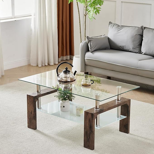 Living Room Rectangle Coffee Table, Tea Table Suitable for Waiting Room, Modern Side Coffee Table with Wooden Leg, Glass Tabletop with Lower Shelf.(brown)