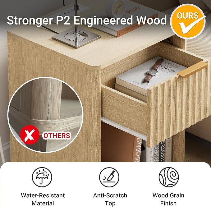 Fluted Nightstand, Night Stand Set 2, Nightstands Set of 2 with Charging Station, Wooden End Table with Drawer & Open Shelf, Modern Bedside Table for Bedroom, Curved Corners, Natural Oak - Image 6