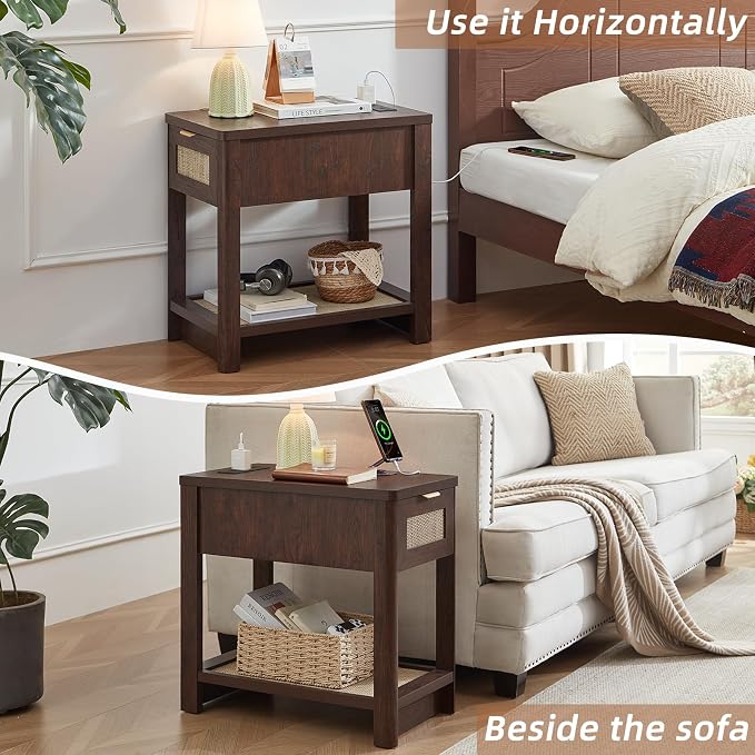 Lerliuo Narrow Night Stand with Charging Station, Boho Nightstand with Drawer, Bed Side End Table with Rattan Shelf for Small Spaces, Wood Nightstands Bedside Tables for Living Room Bedroom - Image 9