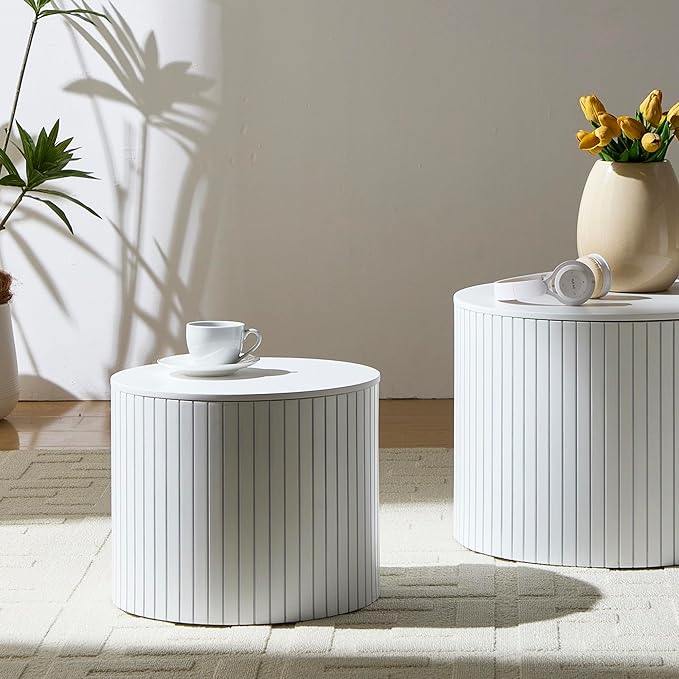 Small Nesting Round Coffee Table Set of 2, Modern Wooden Circle Accent End Side Table for Living Room, Bedroom, No Assembly Required, White