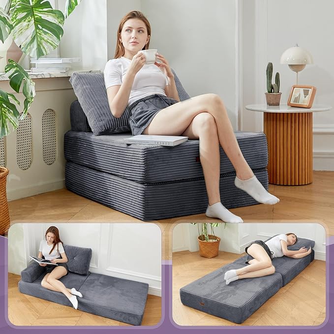 Folding Chair Bed, Convertible Sofa Bed with Pillows,Fold Out Chair Bed with High-Density Foam,Chair Bed Sleeper for Adults Perfect for Living Room 、Hotel 、Apartment ， Single, Dark Gray