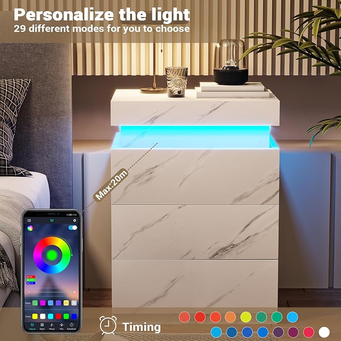 ADORNEVE Nightstand with Charging Station and LED Lights,Night Stand with Sliding Top for Bedroom,Bedside Table with Drawers,Modern End Side Table,White Marble - Image 5