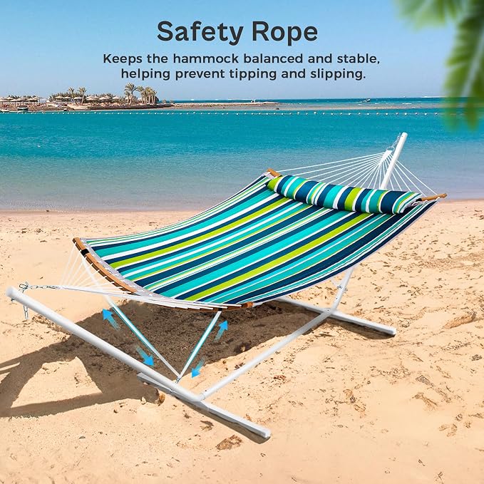 SUPERJARE Curved-Bar Hammock with Stand, 2 Person Heavy Duty Hammock Frame, Detachable Pillow & Portable Carrying Bag, Perfect for Outdoor & Indoor, Blue-Green Stripe - Image 5