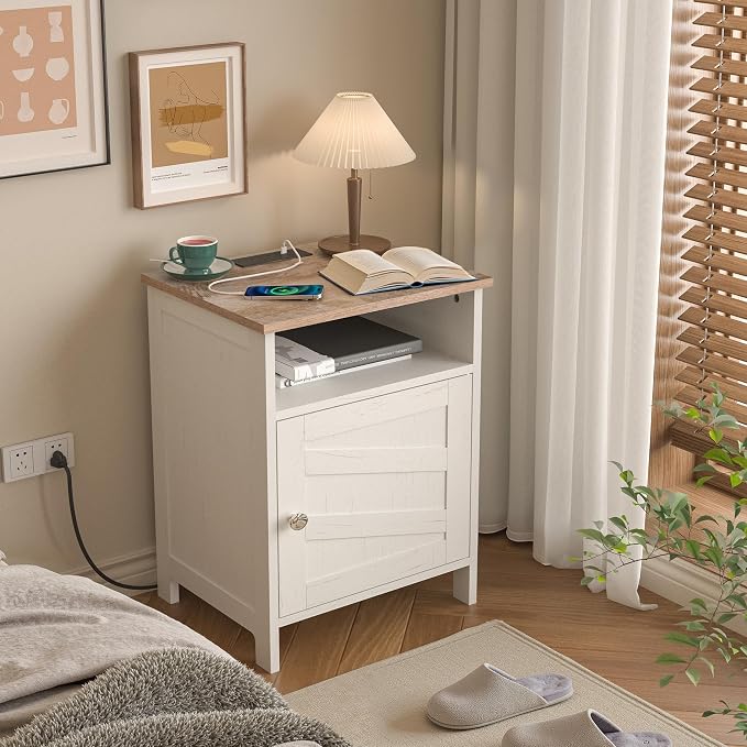 Nightstand with Charging Station, Farmhouse Night Stand Bedside Table with Open Shelf & Enclosed Cabinet, Wooden End Table with USB Ports & Outlets for Bedroom - Image 2
