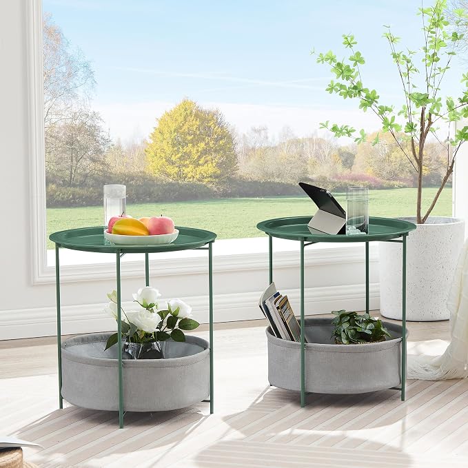 VECELO Round Side/End Table with Fabric Storage Basket，Metal Anti-Rust and Waterproof Small Bedside Nightstand with Removable Tray Top for Living Room，Balcony & Laundry，Dark Green /1pcs with Basket - Image 4