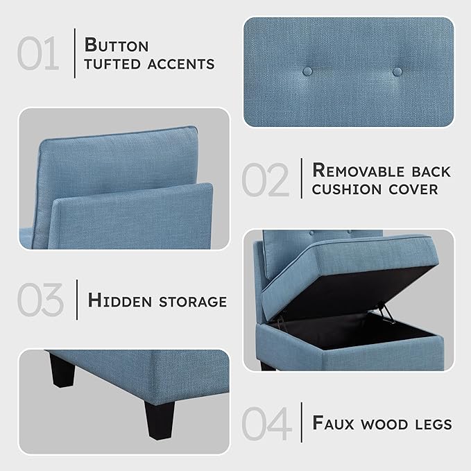Lexicon Modern Modular Armless Chair with Hidden Storage, Textured Fabric Chair with Button-Tufted Design, Reversible Back Cushion for Living Room/Bedroom/Office, Blue