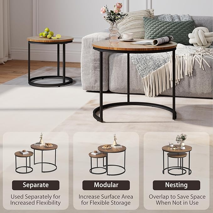 Nesting Tables Set of 2, Wood Grain Brown Round Coffee Table, Small Nesting Coffee Table with Adjustable Non-Slip Fee, Wood Grain Top Nesting Tables for Living Room, Bedroom