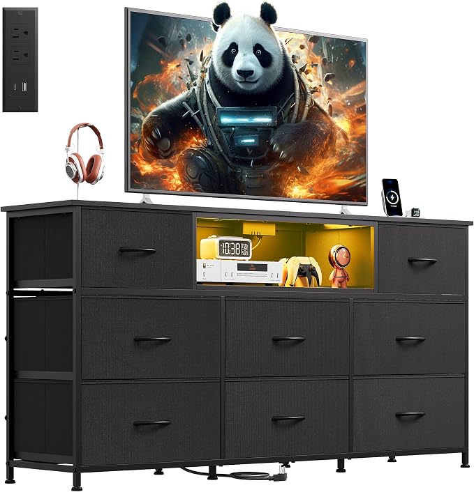 WLIVE Black Dresser TV Stand for 50, 55, 65 inch TV, Entertainment Center with LED Lights & Charging Station, Chest of Drawers with 8 Fabric Drawers and Open Shelves for Living Room, Hallway, Wood Top by WLIVE