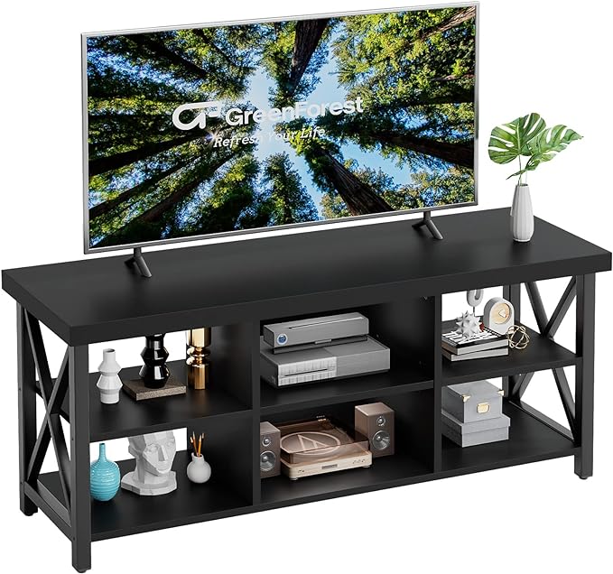 GreenForest TV Stand for TV up to 65 inches, Entertainment Center with 6 Storage Cabinet for Living Room, 55 inch Farmhouse Television Stands Console Table, Industrial TV stands for Living Room, Black by GreenForest