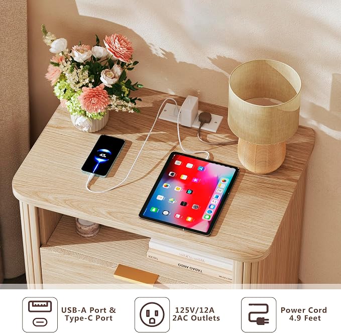 Fluted Nightstands Set of 2, Mid Century Modern Bedside Table with Drawer & Open Shelf, Curved Profile Design, Night Stand with Charging Station, End Side Table with Storage for Bedroom, Oak - Image 5