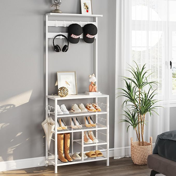 GiftGo Modern White Large 5-Tier Hall Tree Entryway Wooden Shoes Rack Shelf Coat Rack with Movable 9 Metal Hooks Storage Organizer for Home Office Bedroom Mudroom Living Room - Image 8