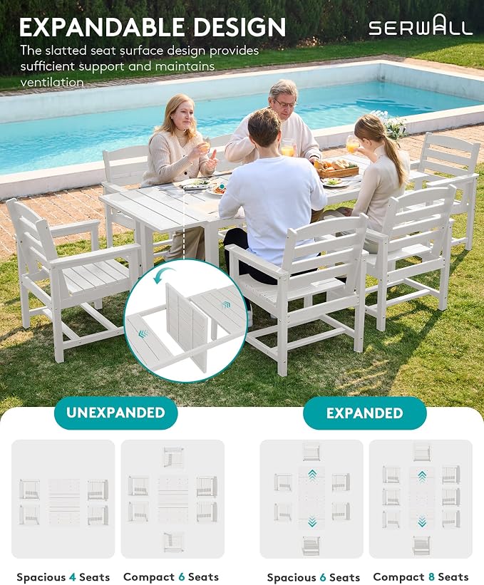 SERWALL 10-Piece Patio Dining Sets with 15FT Patio Umbrella, 60" - 83" Expandable Outdoor Dining Table and 8 HDPE Chairs, All Weather HDPE Outdoor Furniture Set (Umbreall Base not Included) - Image 3