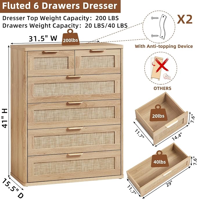 LEYAOYAO Rattan Dresser for Bedroom Set of 2, 41" Tall Chest of Drawers, Modern 6 Drawers Boho Dressers with Storage, Light Oak Dresser Wooden Closet Organizer for Living Room, Hallway, Natural Wood - Image 3