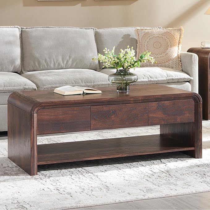 47" Lift Top Coffee Table with Storage, Modern Coffee Table with Pull-Out Drawer and Two-Tier Storage, Rectangle Wood Center Table w/Curved Profile Design for Living Room, Brown