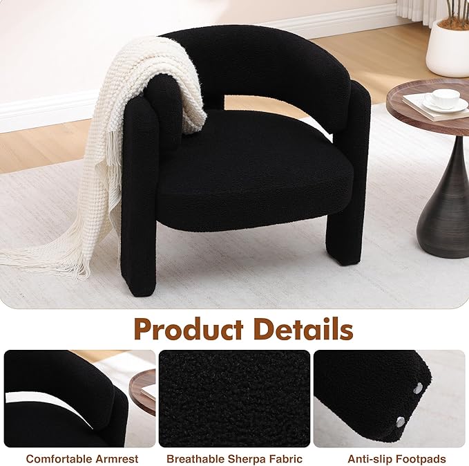 Accent Chair for Living Room, Modern Sherpa Barrel Chair, Upholstered Living Room Chairs with 3 Legs, Comfy Armchair Reading Side Chair for Bedroom, Office, Apartment, Black