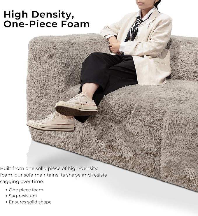 Furniture of America Havyn Modern Faux Fur 7-Seater L-Shaped Modular Foam Sectional Sofa with Ottoman, Compressed Couch in a Box, No Assembly Required, for Living Room and Office, Olive Green