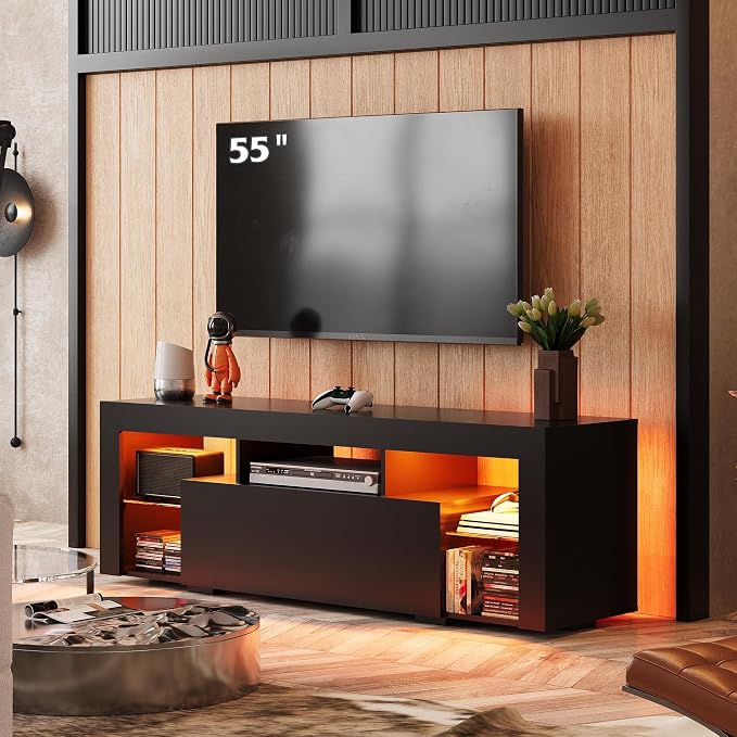 WLIVE TV Stand with LED Lights & 2 Large Storage Drawers, Modern Entertainment Center for 32/43/50/55/60 Inchs TVs, Sturdy TV Console for Living Room, Bedroom(Black) - Image 9