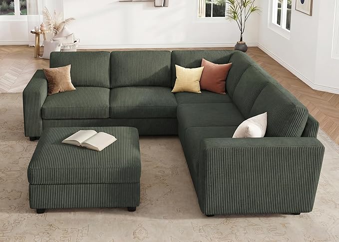 HONBAY Corduroy Sectional Sofa with Storage L-Shaped Sectional Couches for Living Room 6 Seater Sectional Sofa, Green