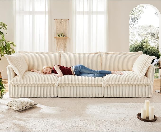 KEIKI 156" Corduroy Sectional Sofa with Throw Pillows, White 4 Seat Soft Sleeper Cloud Couch Set, Comfy Upholstered Modular SofaBed for Apartment Living Room, Cream