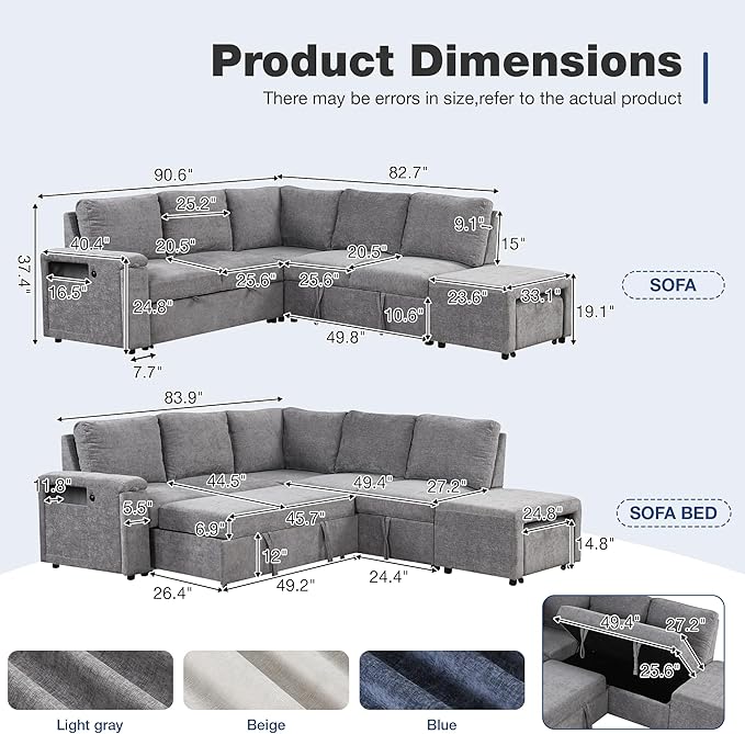 ERYE L-Shaped Multifunctional Sleeper Sectional with Hidden Storage and Cupholders, Modern Pull Out Sleeper Convertible Sofa Bed W/Storage Chaise, Ottoman, USB-C Ports