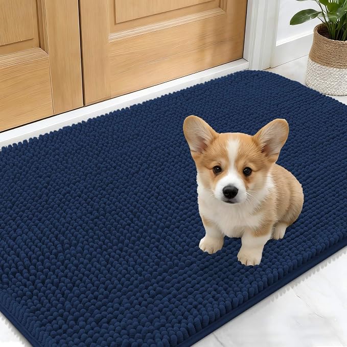 OLANLY Dog Door Mat for Muddy Paws 30x17, Absorbs Moisture and Dirt, Absorbent Non-Slip Washable Doormat, Quick Dry Chenille Mud Mat for Dogs, Entry Indoor Entryway Carpet for Inside Floor, Dark Blue by OLANLY