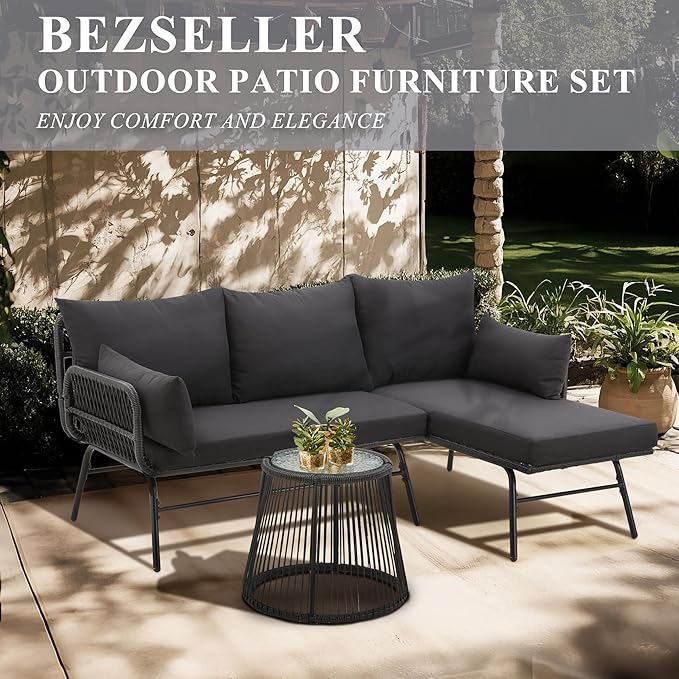 Bezseller 3-Piece Outdoor Patio Furniture Set – L-Shaped Rattan Sectional Sofa with Detachable Lounger, Glass Coffee Table & 4" Cushions – All-Weather PE Wicker for Backyard, Porch, Poolside