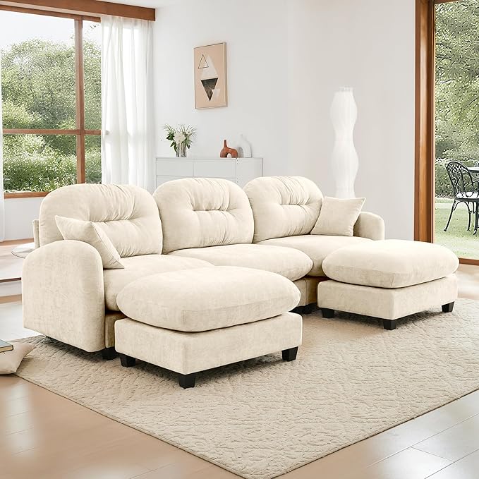 KEIKI 107" U-Shaped Oversized Chenille Modular Sectional Sofa with 2 Ottoman, High-Density Foam Cushions, Tufted Pleated Cushion Backrest, Modern 3-Seater Couch with 2 Pillow, for Living Room, Beige