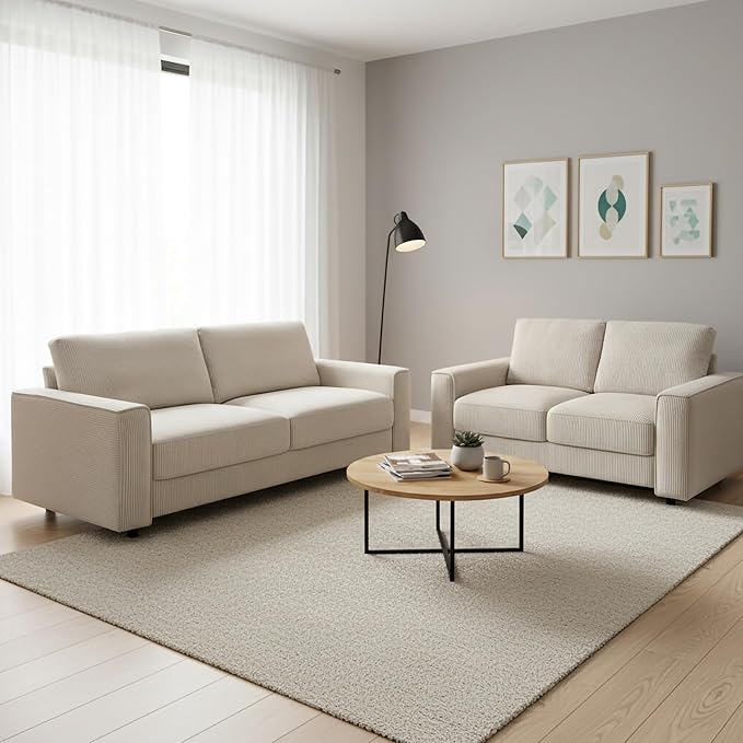 AC Pacific Derek 2 Piece Modern Corduroy Couches for Living Room, Tufted Sofas with Plush Upholstery, High-Density Foam, Sleek Black Legs, Durable Wooden Frame, Sofa and Loveseat Set, Beige