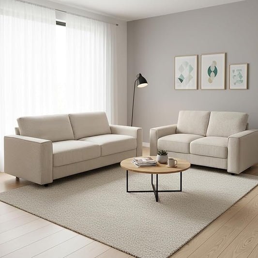 AC Pacific Derek 2 Piece Modern Corduroy Couches for Living Room, Tufted Sofas with Plush Upholstery, High-Density Foam, Sleek Black Legs, Durable Wooden Frame, Sofa and Loveseat Set, Beige