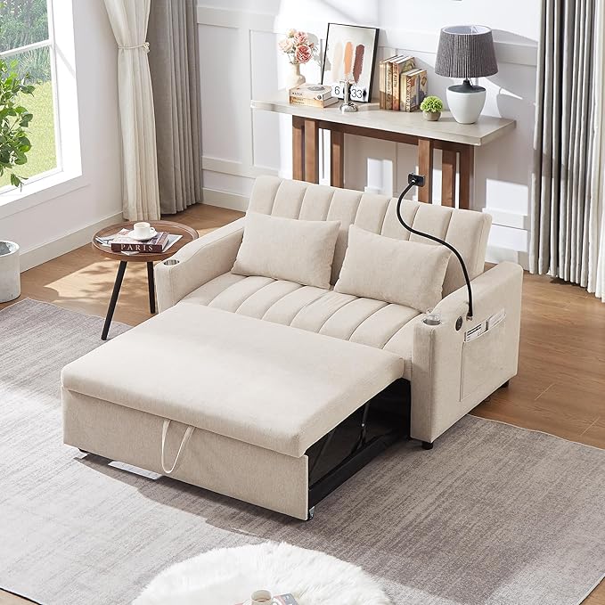 Eafurn 3 in 1 Convertible Sleeper Sofa Bed - Pull Out Couch Bed with Side Pockets, 55.9" Futon Love Seat Sleeper with Cup Holders and 360°Swivel Phone Holder for Living Room