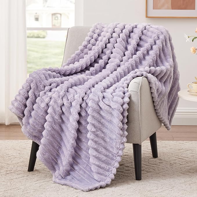 EXQ Home Fleece Blanket Twin Size for Couch or Bed - 3D Stripe Jacquard Decorative Blankets - Cozy Soft Lightweight Fuzzy Flannel Blanket Suitable for All Seasons(60"??80",Light Purple)