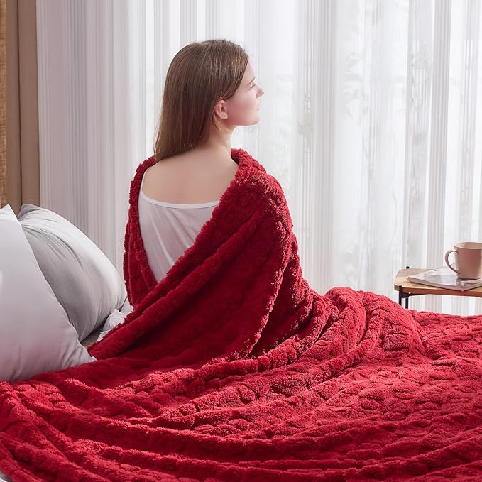 NEWCOSPLAY Super Soft Queen Blanket Red Premium Silky Flannel Fleece 3D Heart Checkered Lightweight Bed Blanket All Season Use (Red Heart, Queen(90"x90"))
