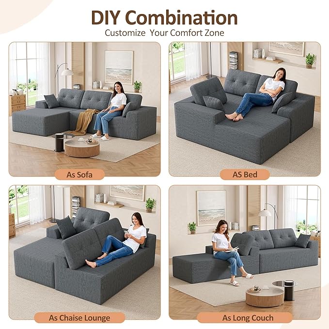 Ball & Cast 106''L Shaped Modern Sofa Modular Sectional Cloud Couch with Pillow,3-4 Seater Convertible Boneless Comfy Chenille Sofa Couches for Living Room, Bedroom and Apartment,Left Facing(Grey)