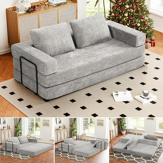 Convertible Sofa Bed, 4-in-1 DIY Combination Boneless Sleeper Sofa Bed with Pillows, Comfy Modular Couch with Fixed-Shape Frame, Chenille Convertible Lounge Couch for Living Room, Light Gray
