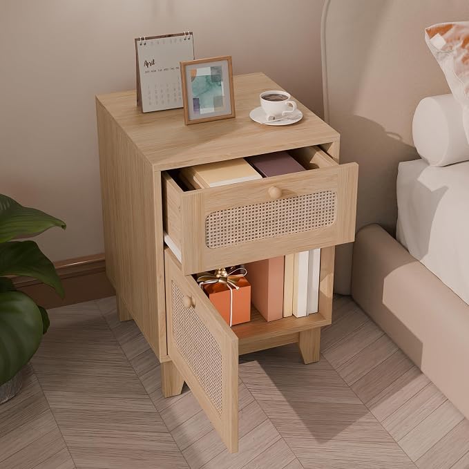 Modern Rattan Nightstand Set of 2, Wicker Rattan Stand with Drawer, Wooden Bedside Table for Small Spaces, Natural Wood Side Table for Bedroom - Image 3
