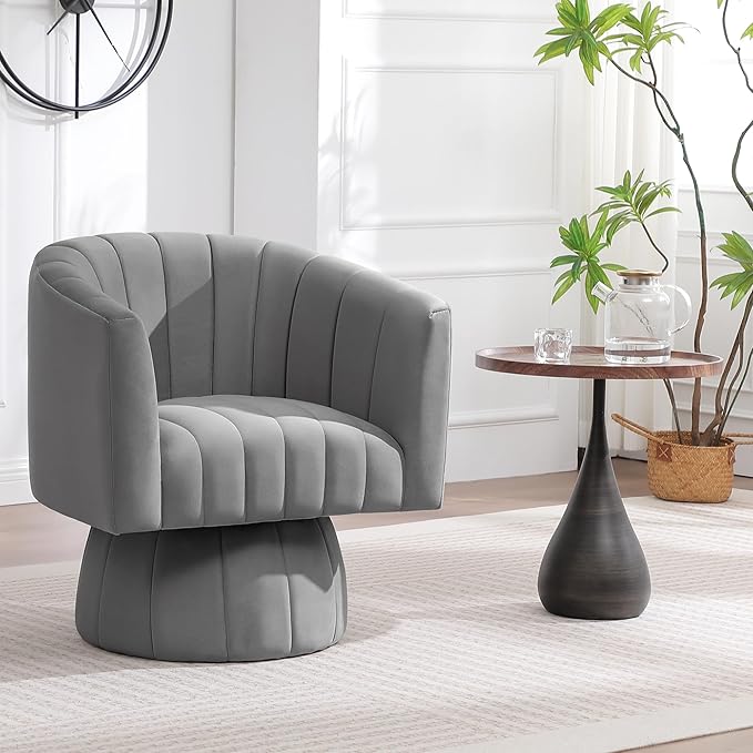 Swivel Accent Barrel Chair, Cute Comfy Small Round 360° Arm Chair. Velvet Sofa Club Reading Chair for Living Room Bedroom Office Grey