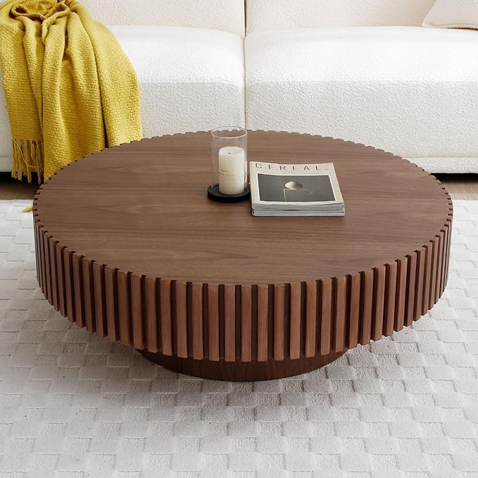 WILLIAMSPACE 35.43" Walnut Round Coffee Table, Modern Luxury Wood Circle Drum Center Table for Living Room, Accent Side Table End Table for Apartment, ø35.43" x 13.77"H (Walnut)