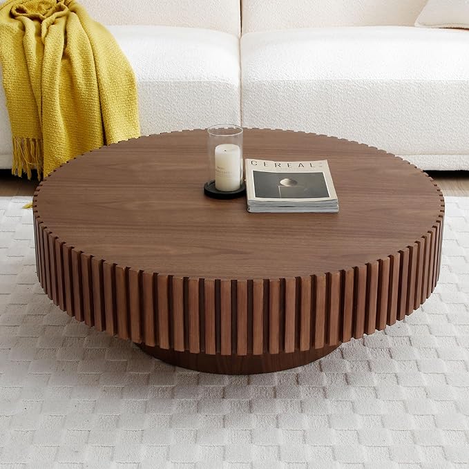 Round Coffee Table Wood Coffee Table for Living Room,Contemporary Drum Coffee Table with Handcrafted Relief,Fluted Side table Easy Assembly（please make sure this size is perfect for your space）