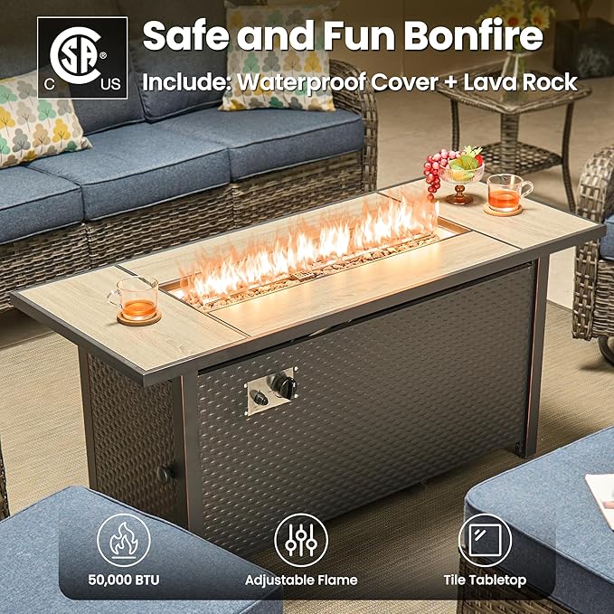 ovios 7-Piece Patio Furniture Set with Swivel Chairs Coffee Table, Outdoor Wicker Sofa with 54" Fire Pit Table, High Back Couch Modern Conversation Sets, Grey/Denim Blue