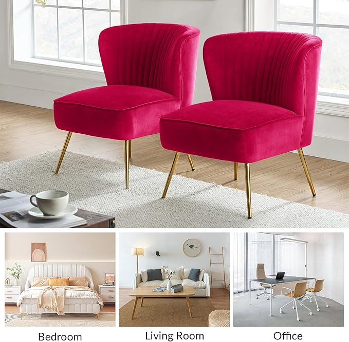 HULALA Home Velvet Accent Chair Set of 2, Modern Armless Upholstered Side Chair with Glam Gold Metal Legs for Vanity Living Room Bedroom - Fuchsia