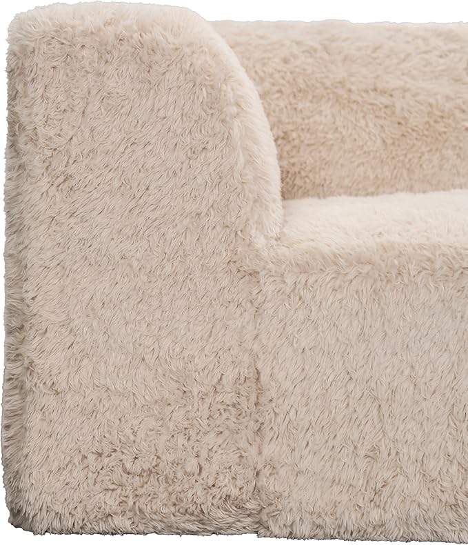 Furniture of America Havyn Modern Faux Fur 5-Seater L-Shaped Modular Foam Sectional Sofa with Ottoman, Compressed Couch in a Box, No Assembly Required, for Living Room and Office, Sand