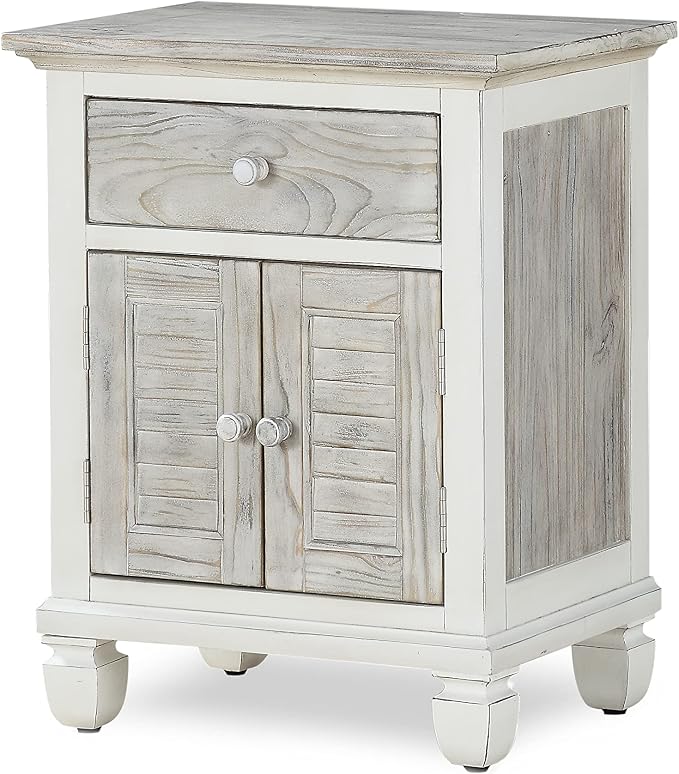 Sea Winds Trading Islamorada Nightstand 1 Drawer 2 Door Two-Tone Distressed Finish Solid Mindi Wood 28 H x 22 W x 16 D Inches Gray White by LineageCollections