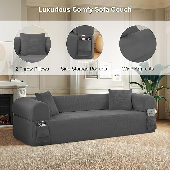 83'' Boneless Sofa in A Box, 3-Seater Floor Sofa No Assembly Corduroy Couch for Living Room, Cloud Couch with 2 Pillows & Storage Bag, Memory Foam Small Floor Couches for Office, Dark Gray