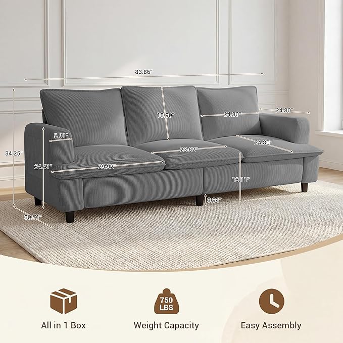 3 Seater Couch, 83" Comfy Corduroy Sofa with Deep Seat, Modern Sofa Couch for Living Room, Office, Bedroom, Apartment (Pillows not Included)