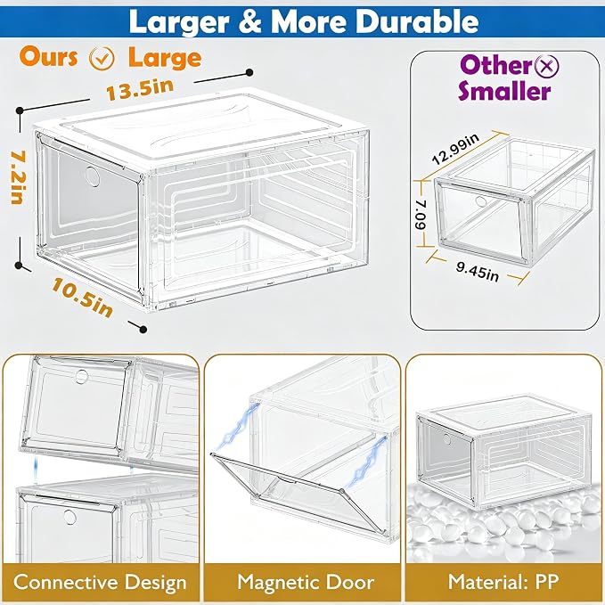 Thickened Clear Shoe Storage Organizer with Magnetic Door, Sturdy Stackable Shoe Boxes for Closet, Collapsible Space-Saving Shoe Rack for Sneakers & Boots, Plastic Shoe Cabinet Box Set, 6 Pack, White - Image 3