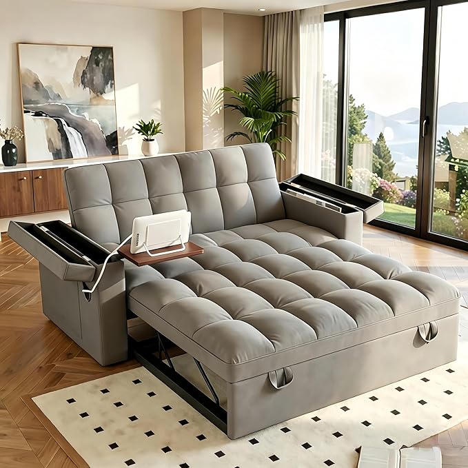 Convertible Sofa Bed, 5-in-1 Pull Out Couch with Side Table, Loveseat Sleeper Sofas Bed Couch with USB Port, 65‘’ Velvet Pull Out Sofa Beds for Living Room, Bedroom, Apartment