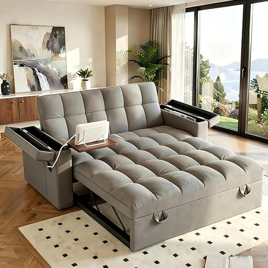 Convertible Sofa Bed, 5-in-1 Pull Out Couch with Side Table, Loveseat Sleeper Sofas Bed Couch with USB Port, 65‘’ Velvet Pull Out Sofa Beds for Living Room, Bedroom, Apartment