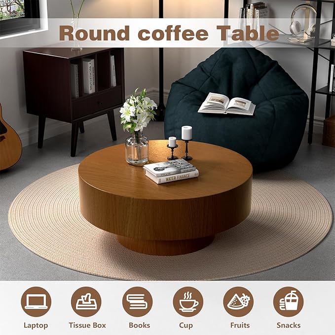 30.5" Round Drum Coffee Table Modern Unique Coffee Table Center Tea Tables Mid Century Coffee Tables for Living Room Apartment Office (30.5in)