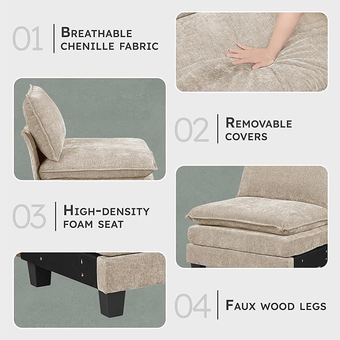 Lexicon Modular Sectional Sofa, Module for Sectional Couch, Armless Chair, Removable Cushion Cover, Soft Upholstery, Durable Frame, Customizable Comfort, Chenille Light Taupe